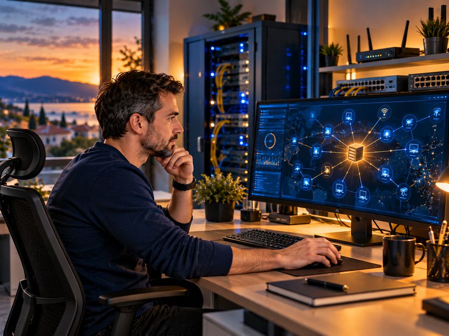Un responsable informatique surveille la carte du réseau de l'entreprise sur un grand écran